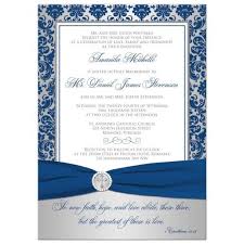 In christian weddings due importance is given to the christian wedding invitation card that is sent out to friends and family. Christian Wedding Invitation Royal Blue Silver Damask Printed Ribbon Crystal Brooch With Cross Christian Wedding Invitations Royal Blue Wedding Invitations Wedding Invitation Cards