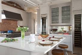 Kitchen cabinet paint color is valspar paint montpelier ashlar gray. Light Gray Cabinets With Red Brick Backsplash Transitional Kitchen