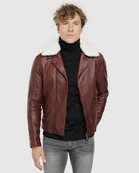 Mens Leather Jacket Burgundy Fur Collar Biker Moto Jacket Leather Jacket Men S Leather Jacket Black Leather Jacket Men