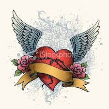 Hand Drawn Heart Tattoo With Wings Banner And Roses Over Grunge Heart Tattoo Heart With Wings Tattoo Flower Drawing Tutorials