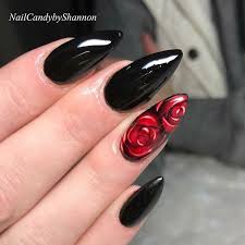 Almond Black And Red Ombre Nails Almond Shaped Nails With Black Gel Polish And A Red Melted Rose Regranned From Nailcandybyshannon Hand P Red Gel Nails Red Nails Homecoming Nails Acrylic