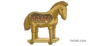 From _the iliad_, by famous dead poet homer, when the ithacans gained victory by hiding in a huge wood horse so they could get into troy. Trojan Horse Showing Soldiers Illustration Twinkl