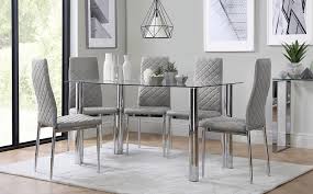 Explore 198 listings for glass and chrome dining table chairs at best prices. Lunar Chrome And Glass Dining Table With 6 Renzo Light Grey Leather Chairs Furniture Choice