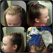 Hair from the game today! Cheer Updo Small Front To Side French Braid To High Ponytail With Cheer Bow Cheer Hair Bow Hairstyle High Ponytail Braid