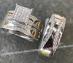 His And Hers Real Sterling Silver Engagement Ring Wedding Band Set Mens Womens Engagement Rings Wedding Bands Set Wedding Ring Bands Bridal Engagement Rings