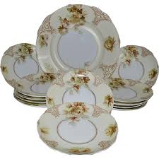 Rare German Luncheon Or Dessert Set 12 Plates And 13 Platter Old Ivory Vii Clarion Mold Hermann Ohme Silesia Germany 1900 1920