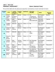 Lab 1 Exercise Mineral Identification Worksheet Lab 1