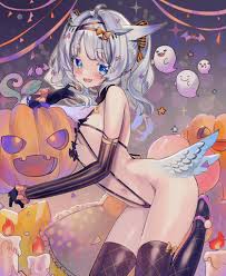 mikazuki silvi, indie virtual youtuber, absurdres, commission, highres,  skeb commission, bare shoulders, bat (animal), candle, elbow gloves,  feathered wings, ghost, gloves, hair ornament, halloween, halloween dare  succubus lingerie, jack-o ...