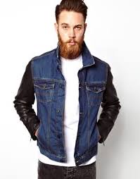 Asos Asos Denim Jacket With Leather Look Sleeves At Asos Leather Sleeve Jacket Denim Jacket Men Navy Denim Jacket