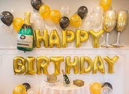 Gold Happy Birthday Decoration W Champagne Balloon Set Gold And Black Themed Birthday Party Decorations Fancy Birthday Party Ideas Happy Birthday Letter Balloons Birthday Party Decorations 40th Birthday Party Decorations
