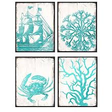 Coastal wall decor to shop and creative diy coastal wall decor and wall art ideas. Teal Blue Bathroom Wall Decor Accessories For Beach House Bedroom Living Room Office Nautical Ocean Themed Wall Art Decorations Ship Crab Coral Ernst Haeckel Botanical Posters Pictures Set Yellowbird