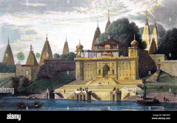 India: 'Hindu Temple, Benares'. Coloured engraving, c. 1850. Varanasi, also commonly known as Banaras or Benaras, is a city situated on the banks of the River Ganges in the Indian state of