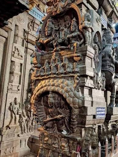 sculpture is on the front mandapa next to the #MeenakshiAmman Temple in Madurai.With ten faces and twenty arms, #Ravana lifting #MountKailash with #ShivaParvati with his incomprehensible strength. #ancienthindu #ancienthindutemples #ancienthinduism ...