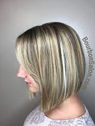 Angled Bob With Side Swept Bangs And Blonde Highlights Hair Inverted Long Bob Hair Day