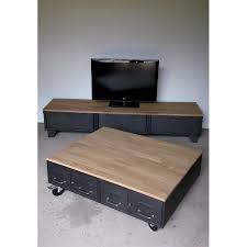 Table Basse Avec Anciens Tiroirs Et Meuble Tv Industriel A Clapets Plateaux En Chene Table Basse Industrielle Meuble Deco Mobilier De Salon