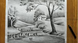 How to draw a monochrome landscape step by step for beginners using water colour. Easy Pencil Sketch Scenery Drawing Step By Step For Beginners How To Dra Village Scene Drawing Landscape Pencil Drawings Landscape Drawings