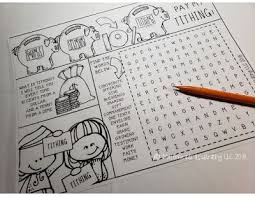 A coloring page of a church made up of different shapes, with one principle or organization of the gospel written on each. Melonheadz Lds Illustrating Freeeee Tithing Coloring Page Tithing Tithing Lesson Lds Lessons