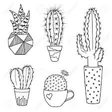 Thin line cactus and succulent vector clipart. Set Of Hand Drawn Cactus In Pots On Silhouette Black In White Royalty Free Cliparts Vectors And Stock Illustration Image 99094246