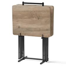 Mainstays 5 Piece Folding Tray Table Set With Stand Rustic Gray Walmart Com In 2020 Tray Table Walnut Side Tables Snack Table Set