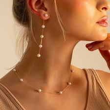 Dainty Pearl Station Necklace & Earrings Set in 925 Silver, Rose Gold or  14K Gold, Bridal Jewelry, Bridesmaid or Wedding Gift