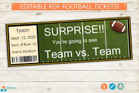 Printable And Editable Football Tickets Adobe Pdf Surprise Etsy In 2021 Football Ticket Custom Tickets Football Game Tickets