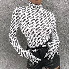 Stay Tidy Letter Striped Print With Glove Bodycon Tops 2019 Autumn Winter Women Long Sleeve High Neck Party Streetwear T Shirts T Shirts Aliexpress