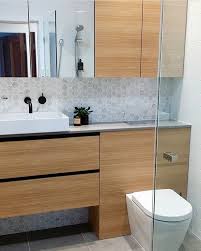 Black Bathroom Vanity With Timber Top Grey Marble Topped Timber Vanity Timber Cupboard White Stand Alone Basin With Matte Black Tap And Mixer Hidde Timber Vanity Black Bathroom Amazing Bathrooms