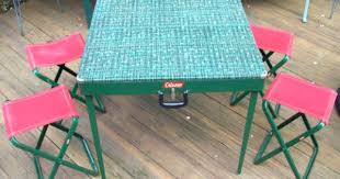 Vintage Original Coleman Metal Folding Camping Table Case With Stools Chairs Camping Table Folding Camping Table Stool Chair