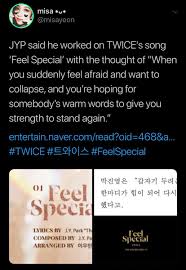 A free social messaging tool that lets people stay connected through brief text message updates up to 140 charac. Misa á´— On Twitter From Everything So Far It Seems Like Feel Special Was Written About Twice Or Was At Least Based On Twice S Own Feelings They Said There S A Message They Re