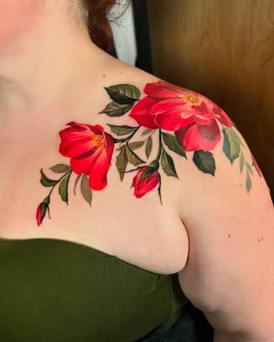 Floral Shoulder Cap tattoo by @allisintattoos at @athenstattoocompany in Bel Air, Maryland