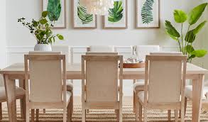 A trio of neutral colors and subtle shapes make up the room décor of this fresh country look. City Furniture Dining Room
