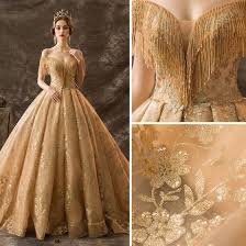 Luxury Gorgeous Gold Wedding Dresses 2019 Ball Gown Off The Shoulder Beading Tassel Lace Flower Sequins Short Sleeve Backless Royal Train Gold Wedding Gowns Debut Gowns Gold Wedding Dress