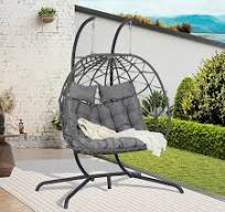 75" Outdoor Rattan Hanging Chair, Modern Double Swing Egg Chair with Metal Stand and Cushion, Large 2-Person Porch Swing Loveseat for Patio, Backyard, ...