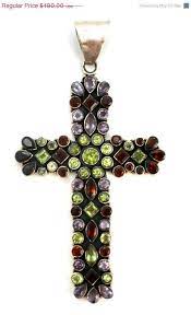 Sterling Silver Gemstone Garnet Amethyst Peridot Cross Pendant Huge Very Beautiful Sterling Silver Gemstone Cross Silver Garnet Peridot And Amethyst Gemstones