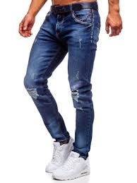 Modèle pratique à 5 poches avec bouton et tirette. Pantalon Pour Homme Slim Fit En Jean Bleu Fonce Avec Ceinture Bolf R85018w0