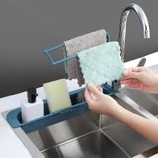 Tall kitchen sink white swivel spout pull out mixer faucet deck mounted taps. Dzy Telescopic Kitchen Sink Sponge Holder Adjustable Length Sink Storage Rack For Towel Bar Sponge Soap Holder Blue Dish Racks Countertop Wall Organization Svanimal Com