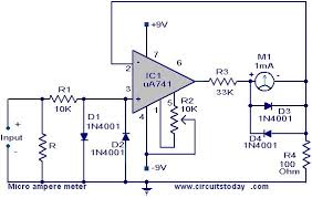 A circuit diagram (electrical diagram, elementary diagram, electronic schematic) is a graphical representation of an electrical circuit. Micro Ampere Meter Circuit Using Ua 741