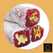 Turkish delight , belonging to one of the richest cuisines in the world, is derived from a word that turkish delight, which has a special place for turks, is recognized by almost every country in the. Turkish Delight Walnuss Mit Granatapfel Kokosraspeln Orient Genuss