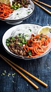 Asian Rice Noodles With Ground Beef Carrot Salad Whole Food Recipes Food Healthy Breakfast Recipes