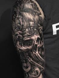 Black And White Nautical Half Sleeve Tattoo Designs Baroque Ship Pirate Tattoo Sleeve Pirate Tattoo Pirate Skull Tattoos