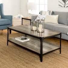 Gray wash large rectangle mdf coffee table with shelf. Wilson Riveted Grey Wash Coffee Table By River Street Designs Walmart Com Walmart Com