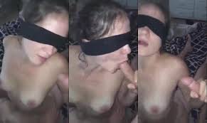 Blindfolded girlfriend fucking with two males