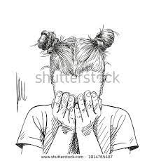 Sketch Of Teenage Girl With Two Buns Hairstyle Covered Her Face With Her Palms Hand Drawn Vector Illustrations Girl Covering Face With Hands Girl Covering Face