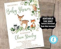 Editable Woodland Baby Shower Invitation Template Greenery Etsy Diy Baby Shower Invitations Boy Woodland Baby Shower Invitations Baby Shower Invitations For Boys
