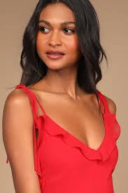 Lulus Never A Dull Moment Bright Tie-Strap Pleated Midi Dress in Red