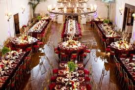 Long reception table with red flower arrangements. Mix N Match Table Shapes Wedding Reception Wedding Table Wedding Table Settings Montecito Weddings