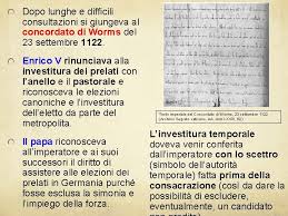 L'imperatore rinunciava a ogni investitura dei vescovi con l'anello e con il pastorale, riservandosi tuttavia il diritto di essere presente (egli stesso o un suo legato) all'elezione medesima. Nem51wtuu3h9km