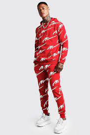 All Over Man Print Hooded Tracksuit Boohoo Tracksuit Red Tracksuit Men Tracksuit