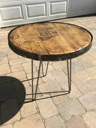 Bourbon Barrel Lid Industrial Table With Hairpin Legs And Bourbon Barrel Hoop Ring Furniture By Currysbeercrafts O Barrel Table Barrel Decor Barrel Furniture