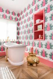 Pink Kids Bathroom With Wood Like Parquet Tiles Contemporary Bathroom The bathroom was virtually untouched, except for a 90s wallpaper border i quickly.